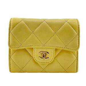 CHANEL Compact Wallet Matelasse Coin Case Yellow Women's